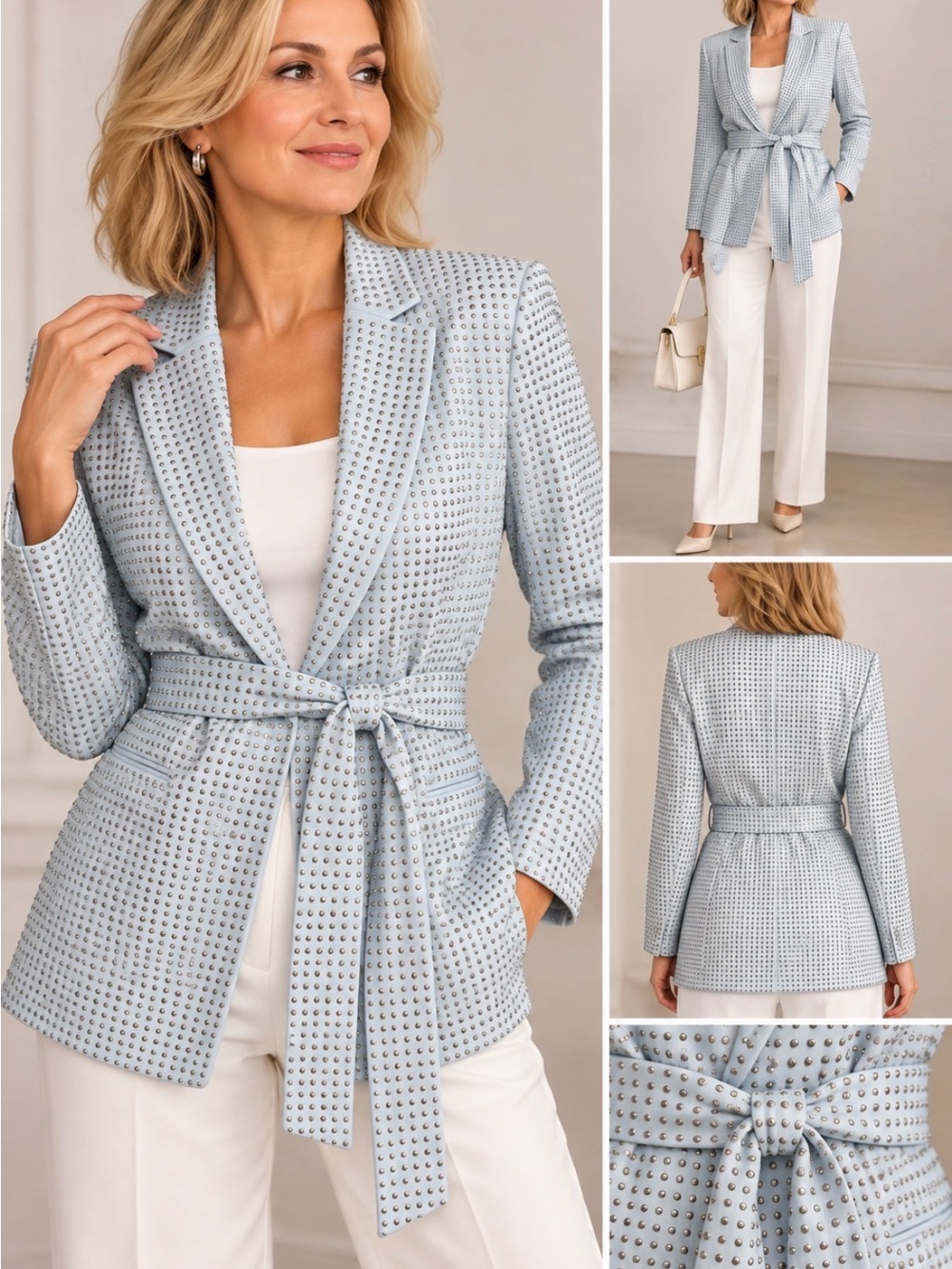 Kobi Halperin Light Blue Studded Tie-Waist Blazer
